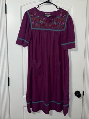 Go Softly Patio Purple Dress Women’s Size Large Embroidery Beaded Floral Pockets